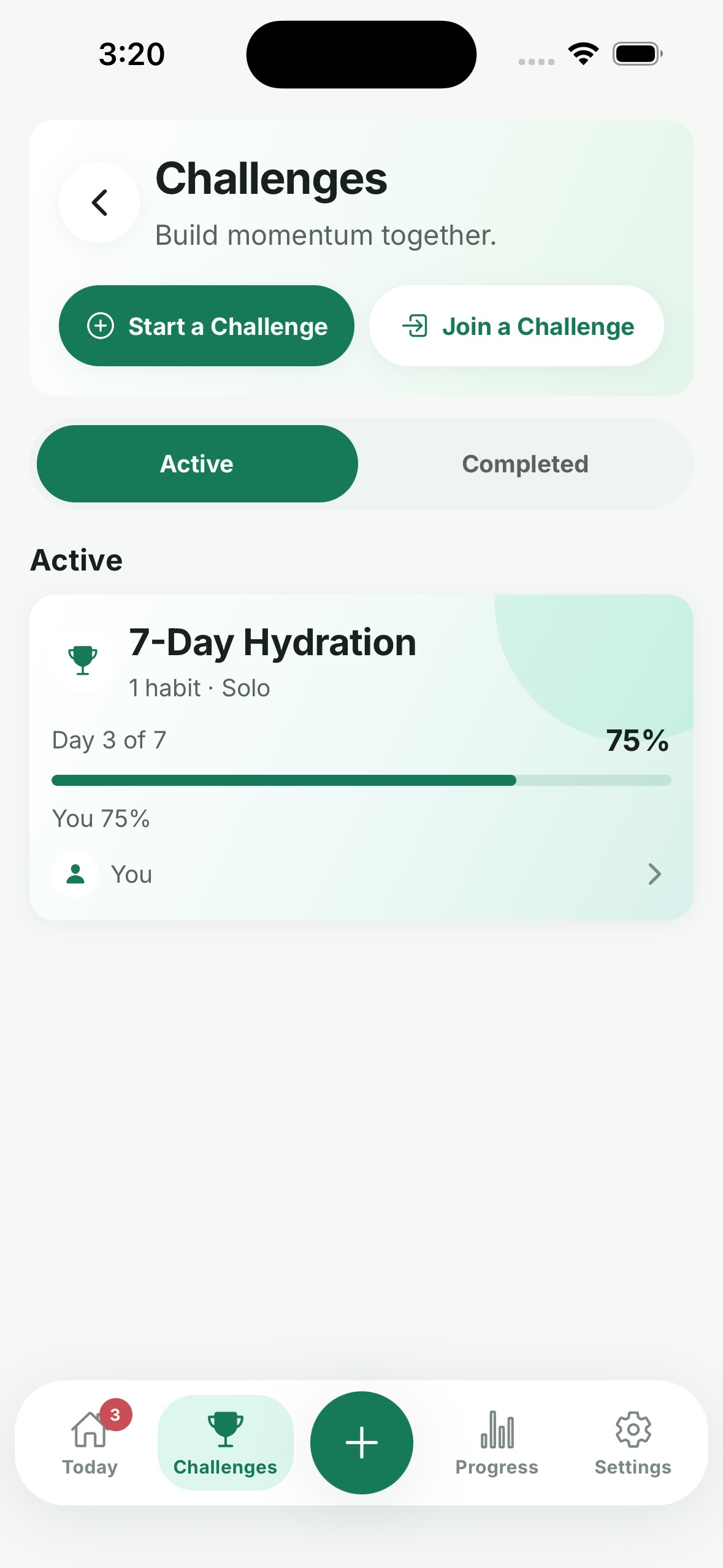 HabiLume Challenges screen showing active private challenges