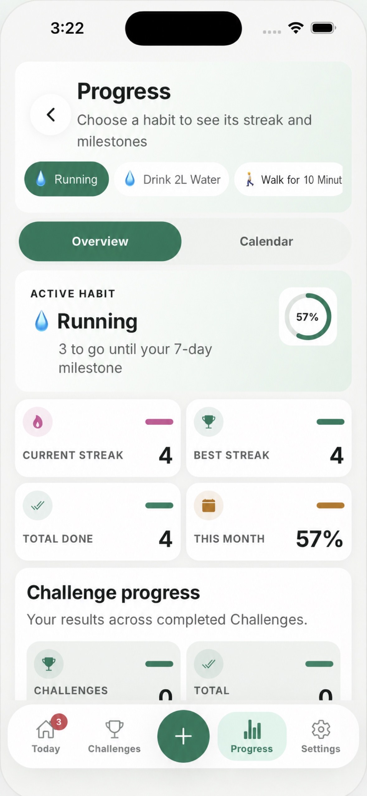 HabiLume Progress screen showing habit statistics and challenge progress