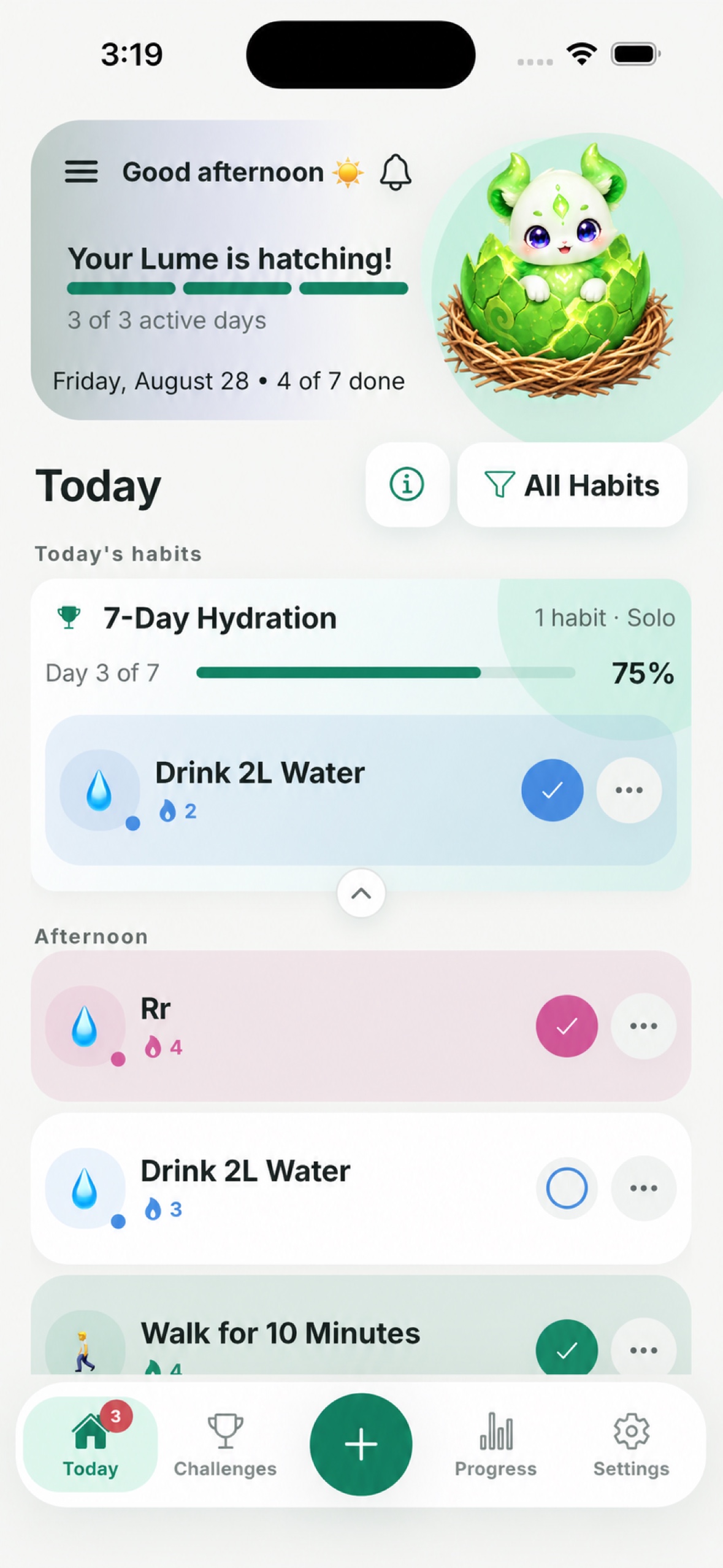HabiLume Today screen showing daily habits and Lume hatching progress